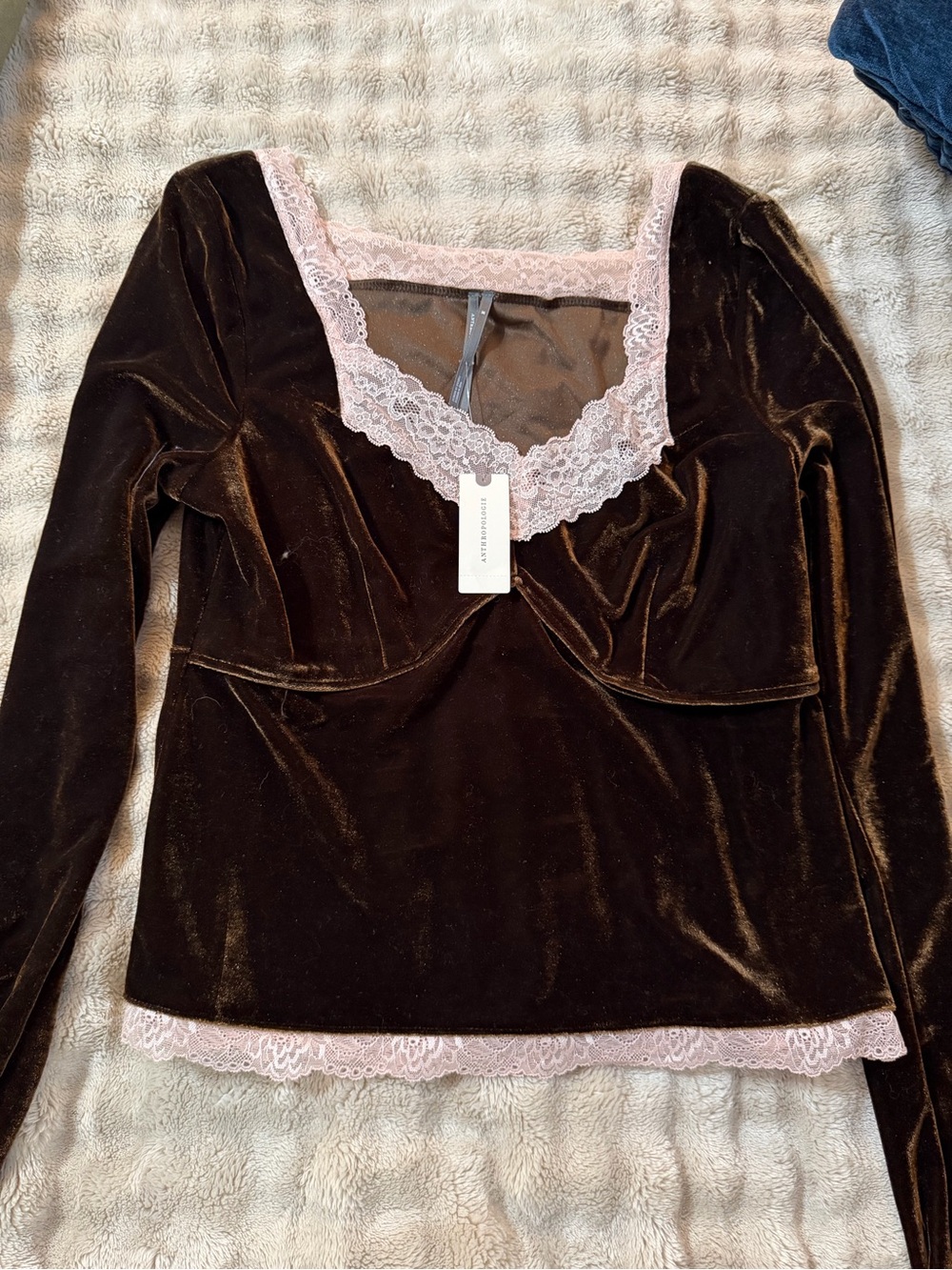 Anthropologie Brown Velvet Long-Sleeve Top with Pink Lace Trim